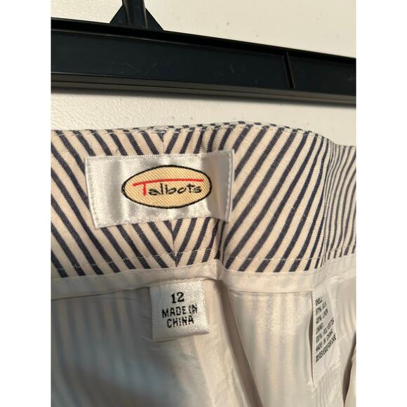 Talbots White Blue Silk Linen Striped Belted Cropped Wide Leg Pants - Picture 5 of 9